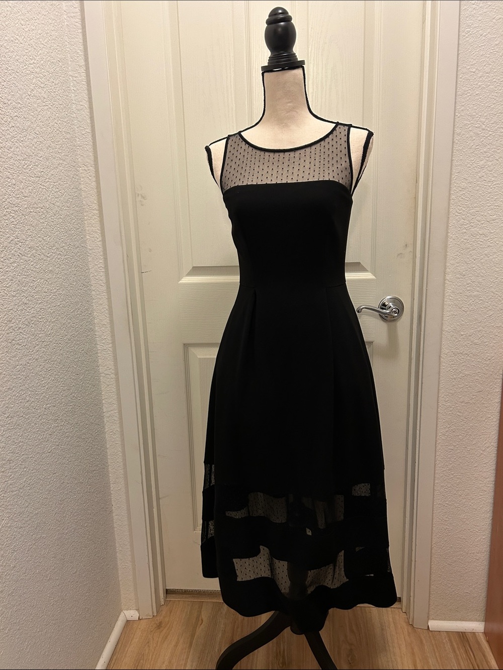 Aidan Mattox Black Sleeveless Midi Dress with Sheer Mesh